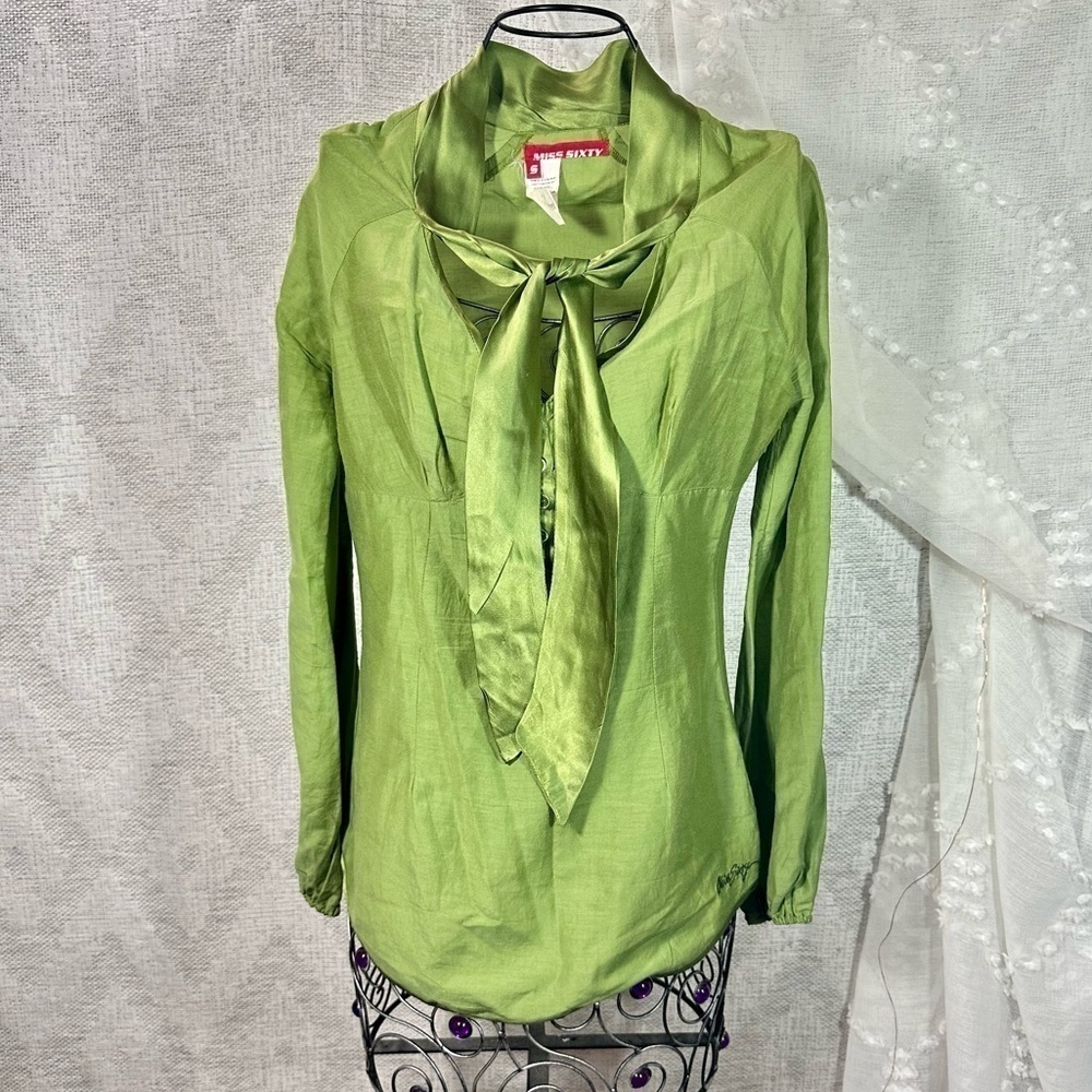 Y2K Miss Sixty green long sleeve bow blouse with silk collar size S